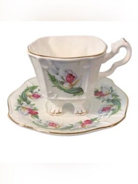 White Porcelain Floral Footed Teacup and Saucer with Pink Rose Accents